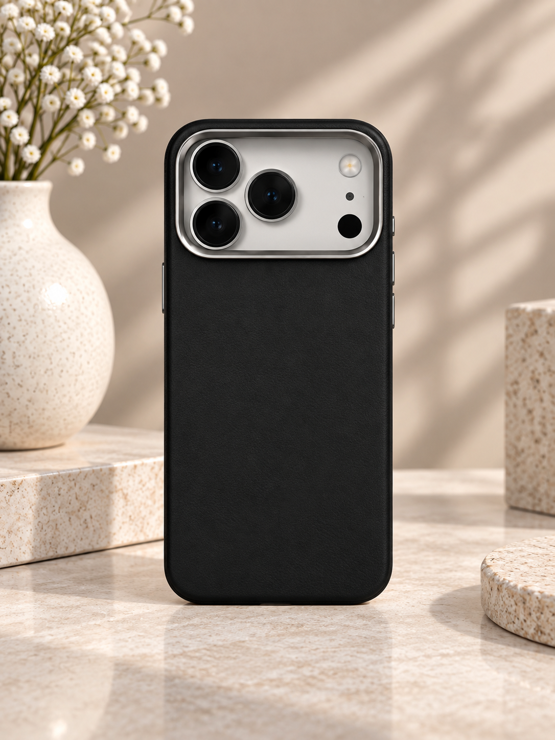 Plain PU Leather Case For iPhone 17 Pro Max / 18 Pro Max (Black) (Code:5050)