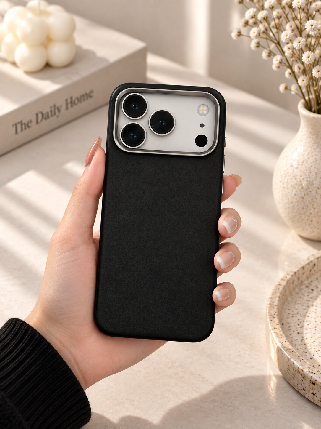 Plain PU Leather Case For iPhone 17 Pro Max / 18 Pro Max (Black) (Code:5050)