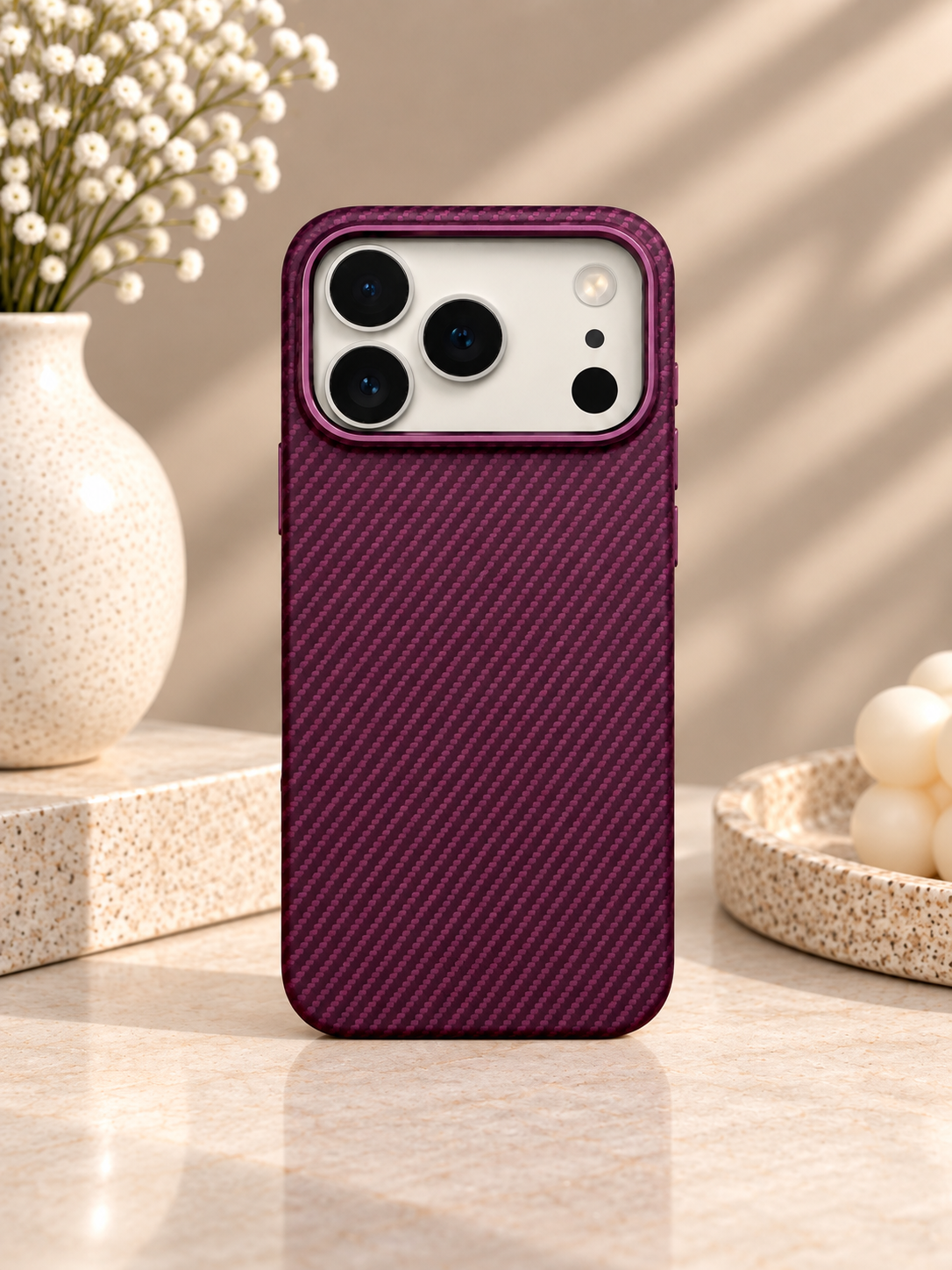 Carbon Fibre Case For iPhone 17 Pro / 18 Pro (Burgundy) (Code:5051)