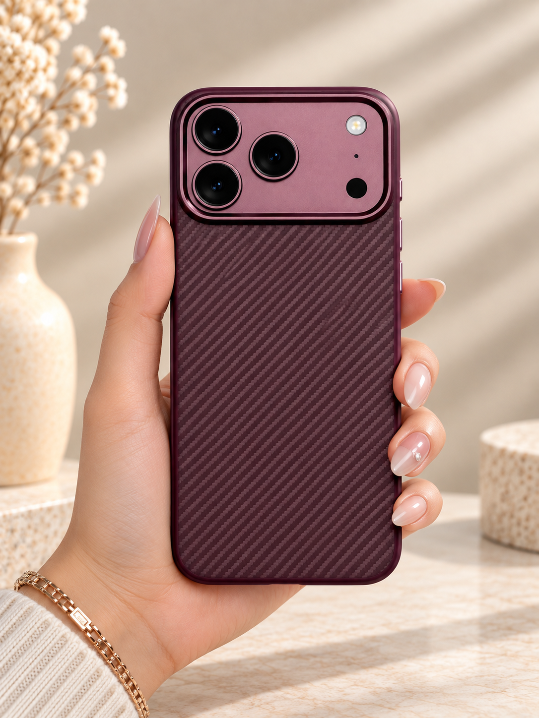 Carbon Fibre Case For iPhone 17 Pro Max / 18 Pro Max (Burgundy) (Code:5052)
