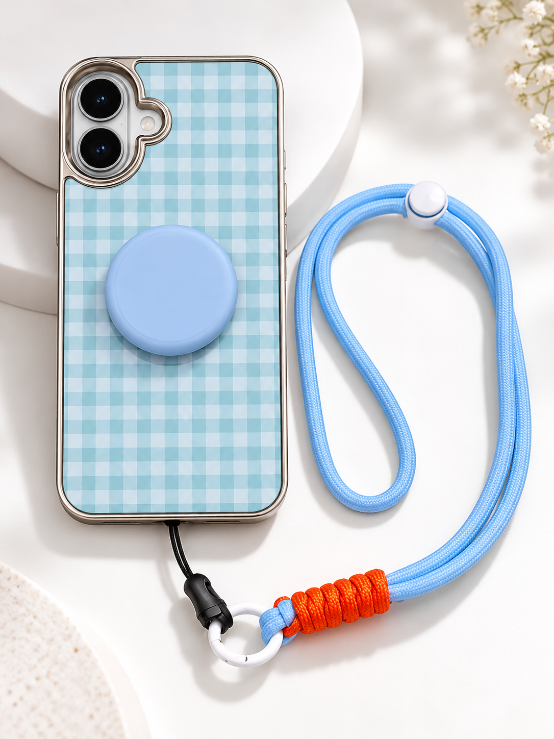 Designer Check Pattern Case With Pop Socket and Wrist Lanyard For iPhone 16 (Light Blue) (Code:1591)