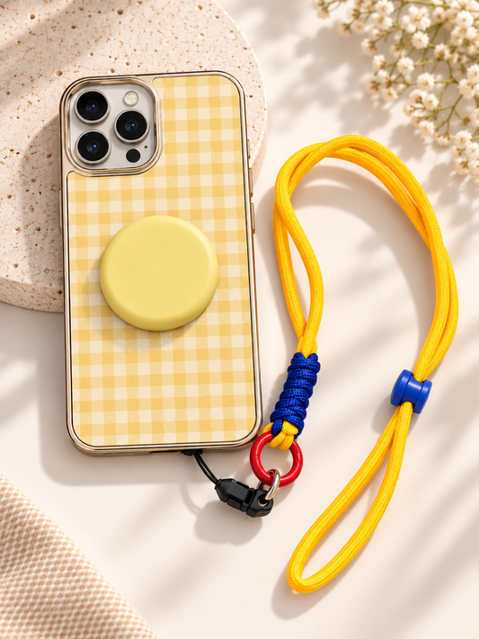 Designer Check Pattern Case With Pop Socket and Wrist Lanyard For iPhone 16 Pro Max (Light Yellow) (Code:1581)