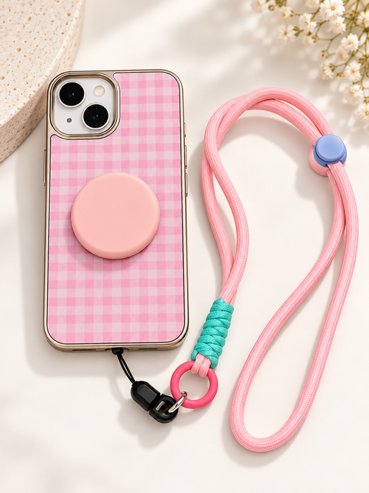 Designer Check Pattern Case With Pop Socket and Wrist Lanyard For iPhone 15 Plus (Light Pink) (Code:2157)