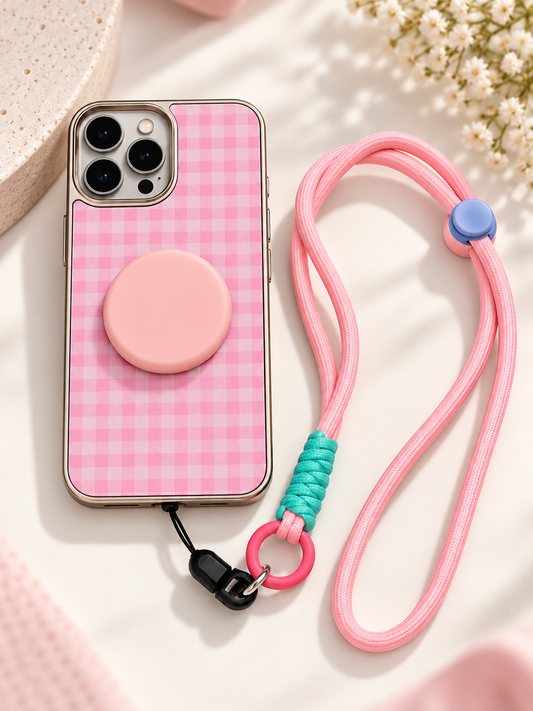 Designer Check Pattern Case With Pop Socket and Wrist Lanyard For iPhone 16 Pro Max (Light Pink) (Code:1583)