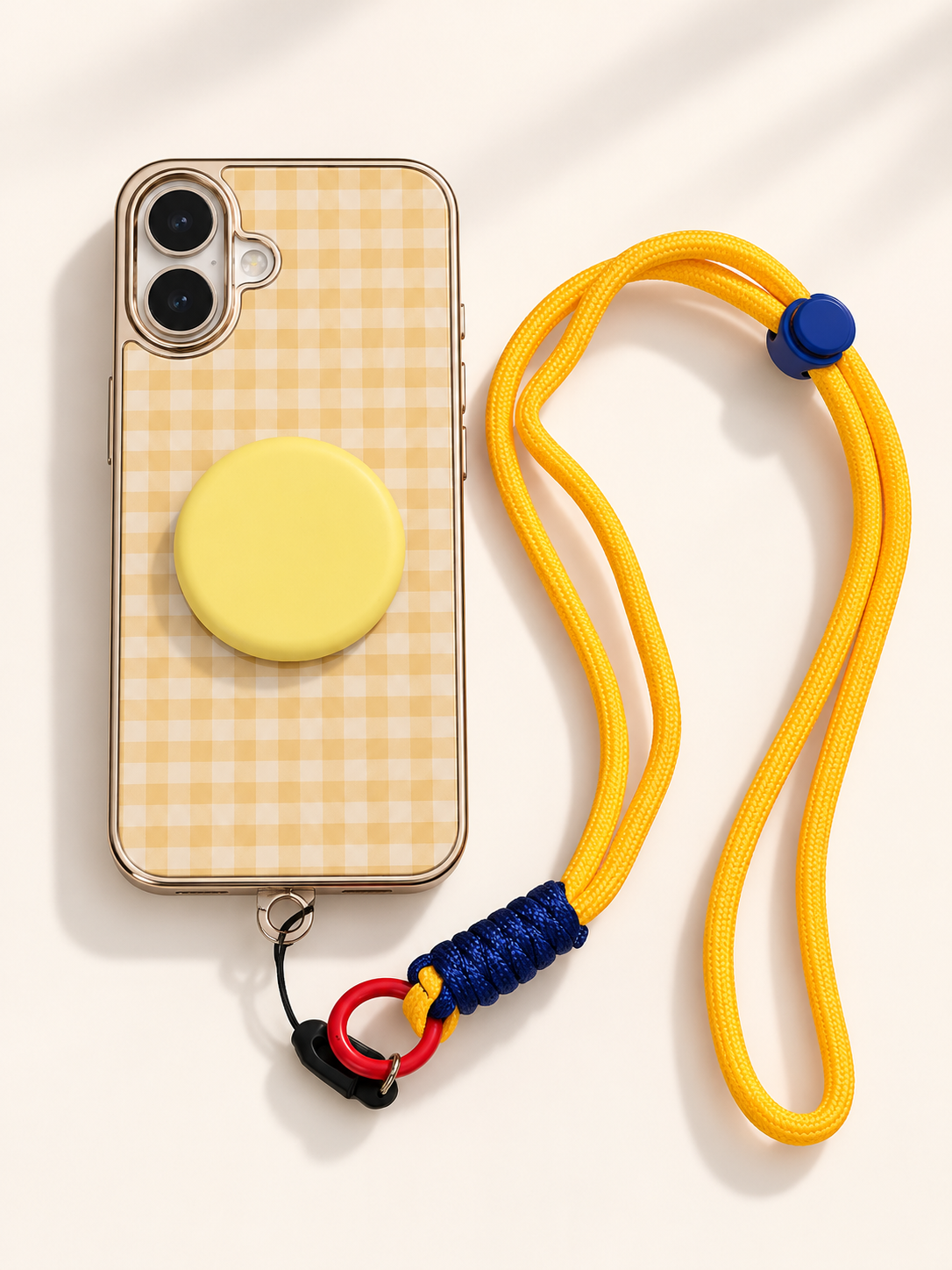 Designer Check Pattern Case With Pop Socket and Wrist Lanyard For iPhone 16 Plus (Light Yellow) (Code:1587)
