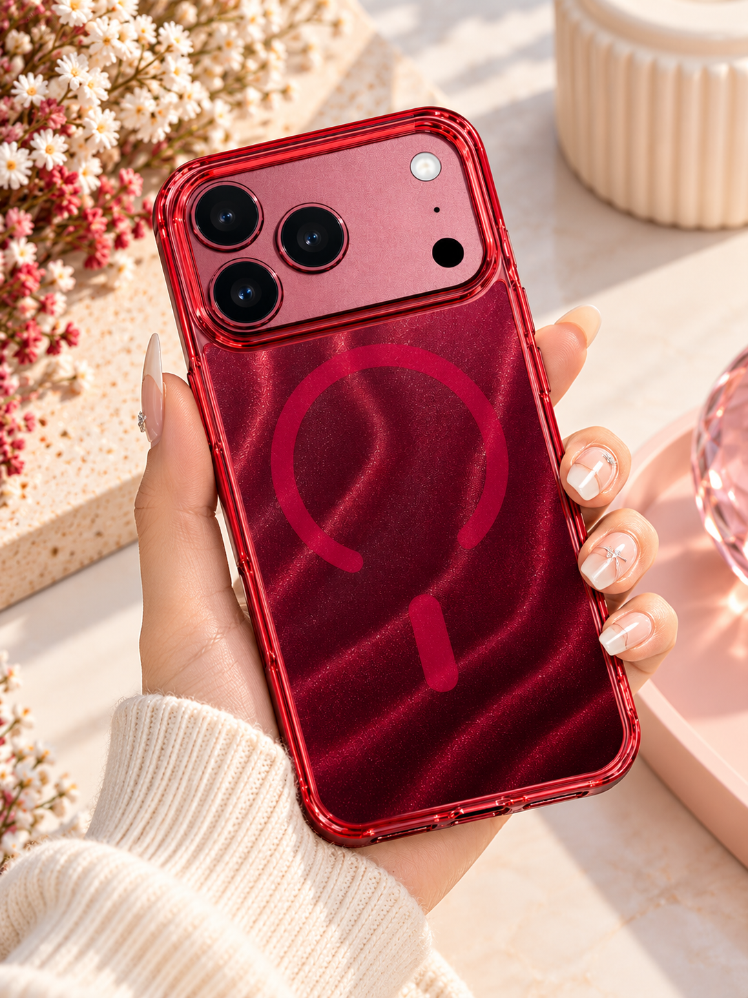 Transparent Glitter Wave Design Case For iPhone 17 Pro / 18 Pro (Burgundy) (Code:5122)