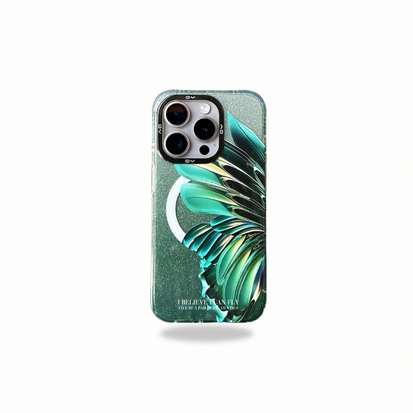 QY Feather Pattern  Designer Silicon Magsafe Compatible Case for iPhone 15 Pro  (Green)