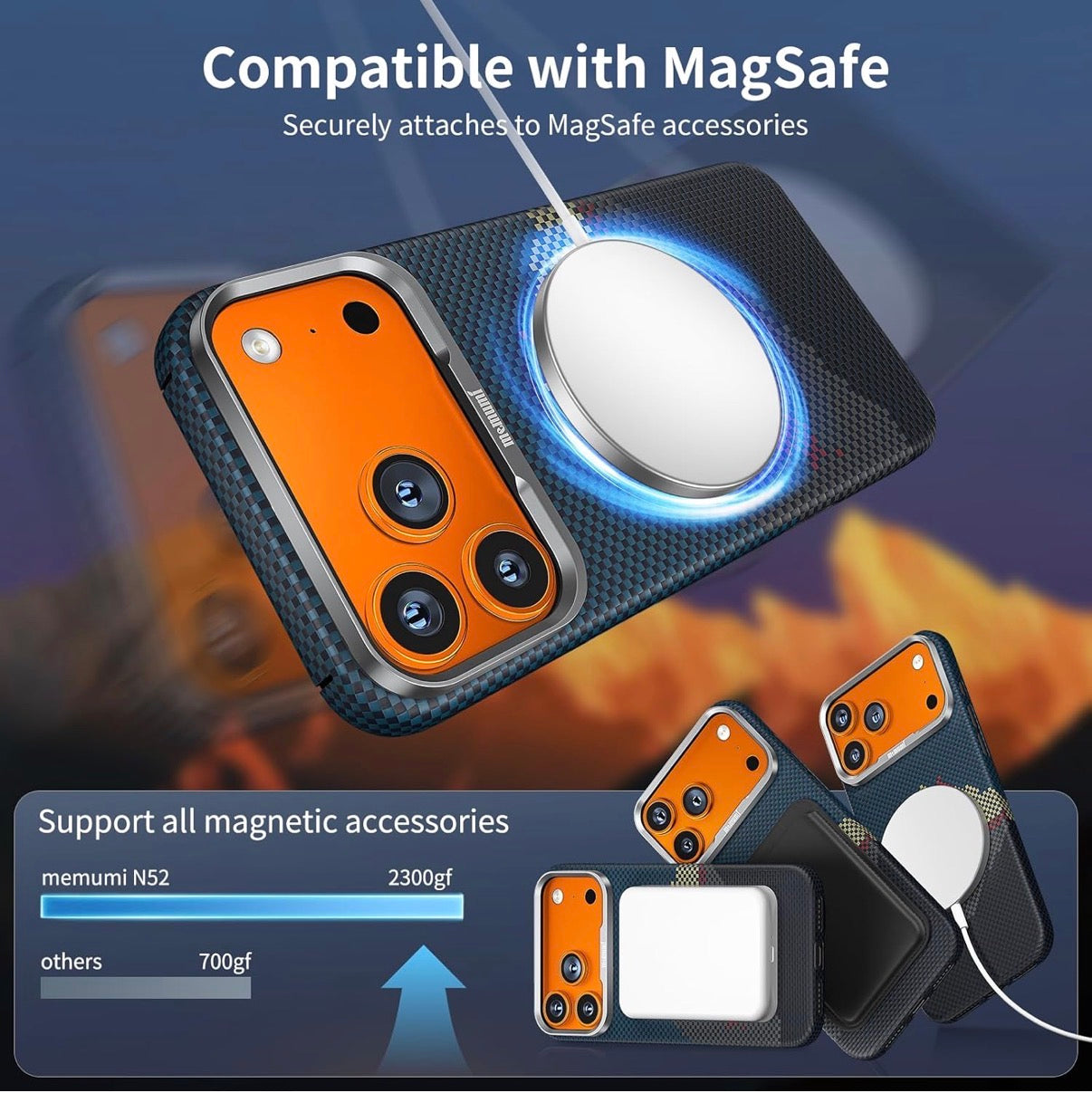 Memumi Ultra-Thin Aramid Fibre Magnetic Case Compatible with Mag-Safe, Military-Grade Drop Protection, Slim & Durable Protective Cover for iPhone 17 Pro (Mountain)