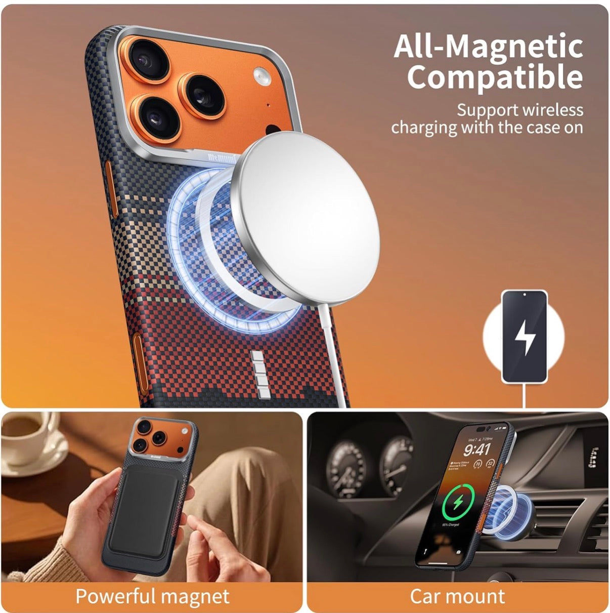 Memumi Ultra-Thin Aramid Fibre Magnetic Case Compatible with Mag-Safe, Military-Grade Drop Protection, Slim & Durable Protective Cover for iPhone 17 Pro (Sunset)