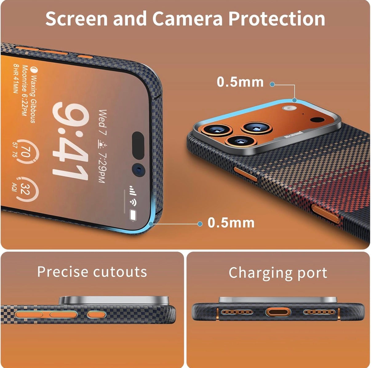 Memumi Ultra-Thin Aramid Fibre Magnetic Case Compatible with Mag-Safe, Military-Grade Drop Protection, Slim & Durable Protective Cover for iPhone 17 Pro (Sunset)