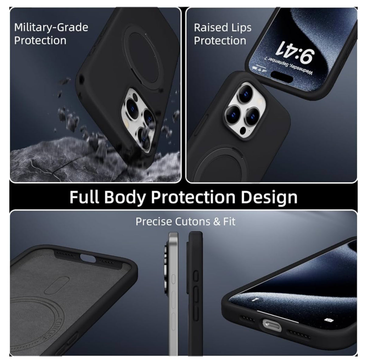 X Level 360 Rotatable Magsafe Kickstand Fluid Silicon Case for iPhone 16 Pro Max (Black)