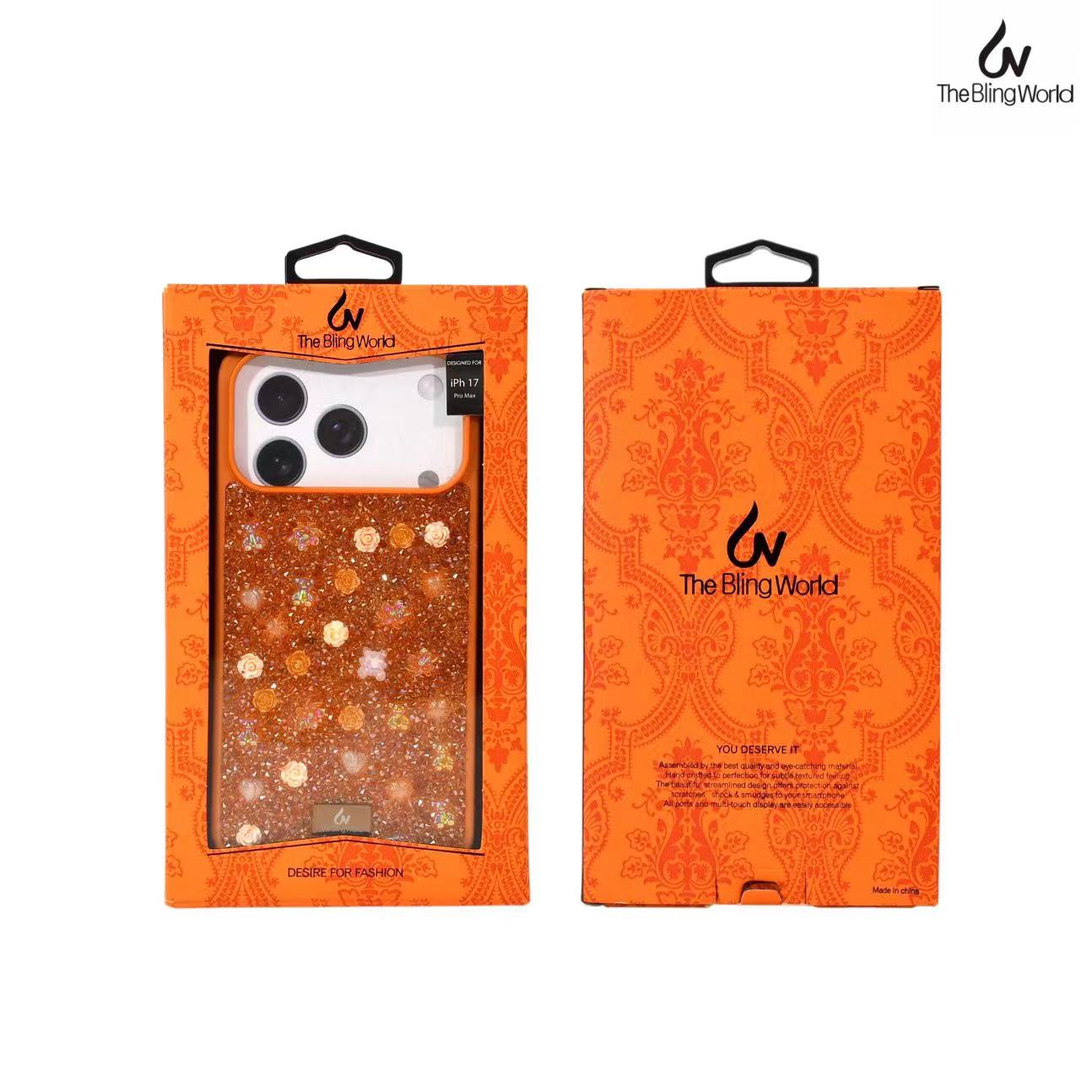 Floral Swarovski Bling World Glitter Case for iPhone 17 Pro Max (Orange)