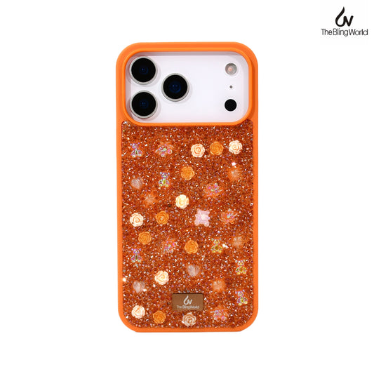 Floral Swarovski Bling World Glitter Case for iPhone 17 Pro Max (Orange)