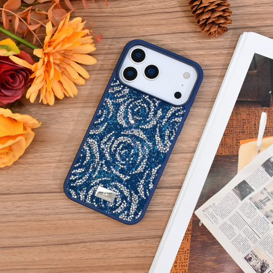 Bling World  Swarovski Rose Design Glitter Case for iPhone 17 Pro Max (Blue)