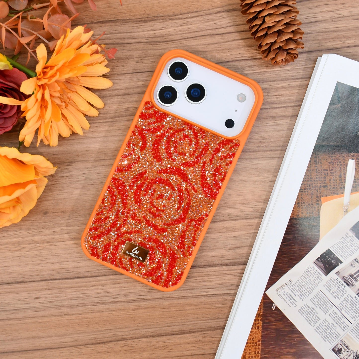 Bling World  Swarovski Rose Design Glitter Case for iPhone 17 Pro Max (Orange)