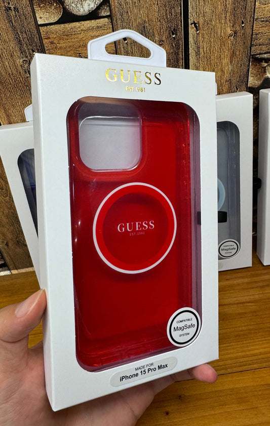Luxury Branded Transparent Magsafe Case for iPhone 15 Pro Max (Transparent Red)