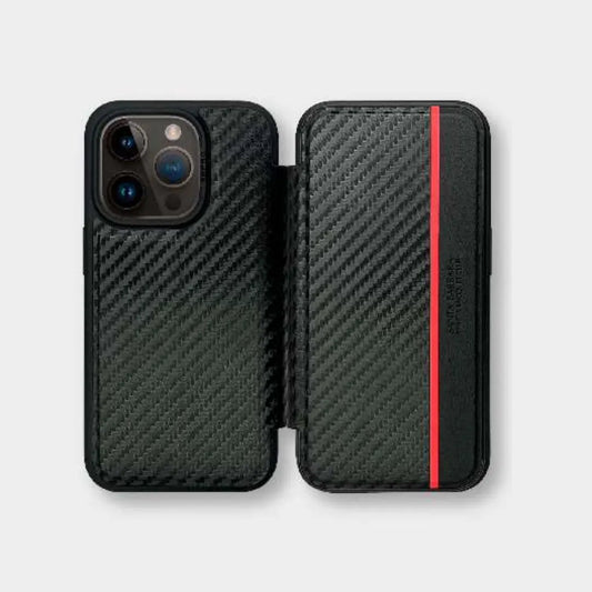 Santa Barbara Polo Flip Case Series Carbon Finish Cover iPhone 15 Pro Max (Black)