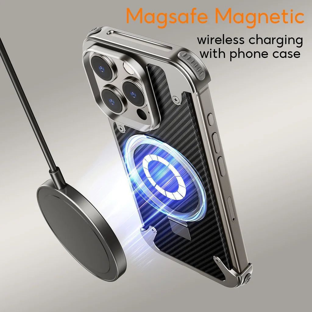 Metallic Frameless Carbon Fibre Shell Case with  Magsafe Stand for iPhone 15 Pro Max