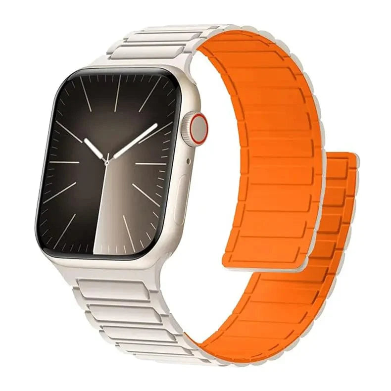 Liquid Silicon Sports Style Magnetic Watch Band for Apple Watch 42/44/45 & 49 mm (Starlight + Orange)