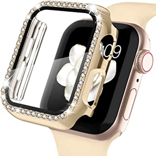 Golden 44 mm Watch Case Compatible for Apple Watch Series 4/5/6/SE 44mm Case with Screen Protector With Rhinestones Outline (Golden)