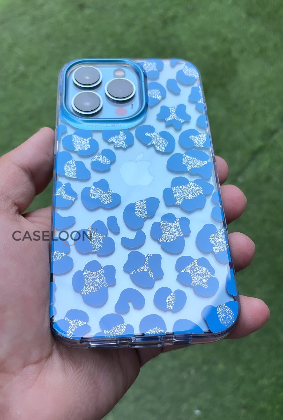 High Quality Transparent 3D Leopard Print Case with Glitters for iPhone 13 Pro (Sky Blue)