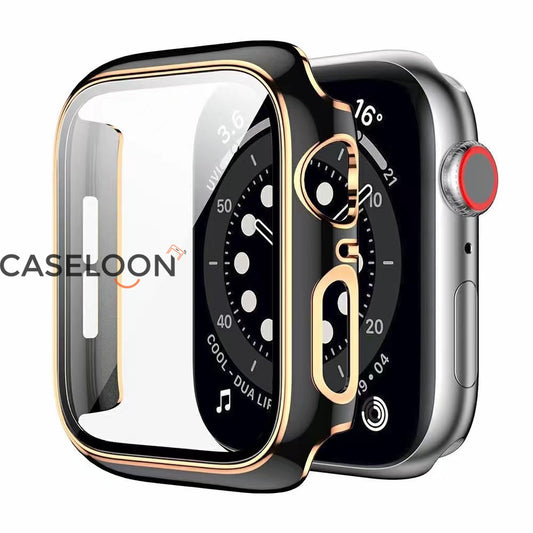 Black 44 mm Watch Case Compatible for Apple Watch Series 4/5/6/SE 44mm Case with Screen Protector With Fine Golden Outline   (Black)
