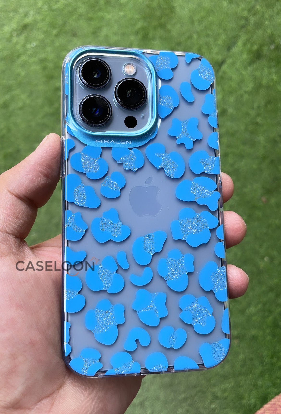 High Quality Transparent 3D Leopard Print Case with Glitters for iPhone 13 Pro (Sky Blue)