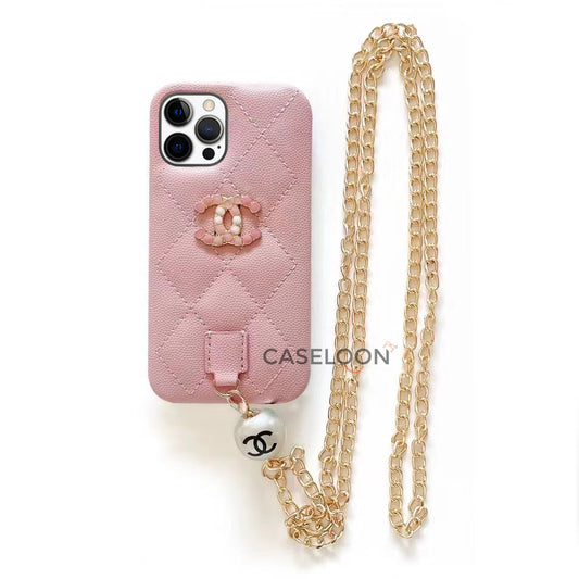 iPhone 13 Pro Max Chain Design Branded Luxury Leather Case (PINK)