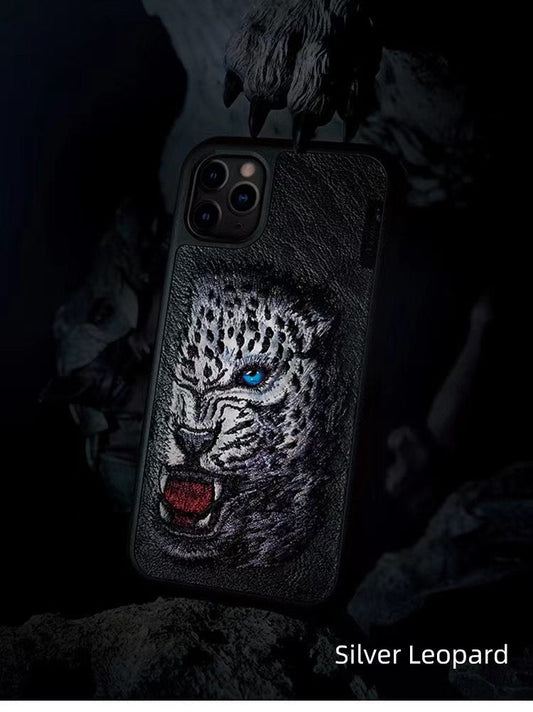 Silver Leopard Magic Colour Leather Embroided Case for iPhone 14 Pro