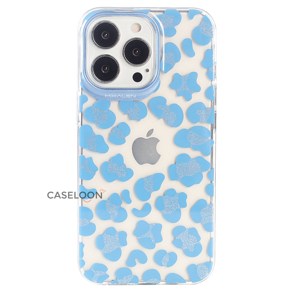 High Quality Transparent 3D Leopard Print Case with Glitters for iPhone 13 Pro (Sky Blue)