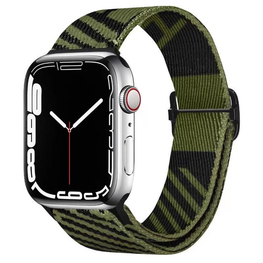 Nylon Solo Loop Strap Bands for Apple Watch 42mm 44mm 45mm 49 mm  Adjustable Stretch Elastics Weave - BLACK/MILITARY  GREEN