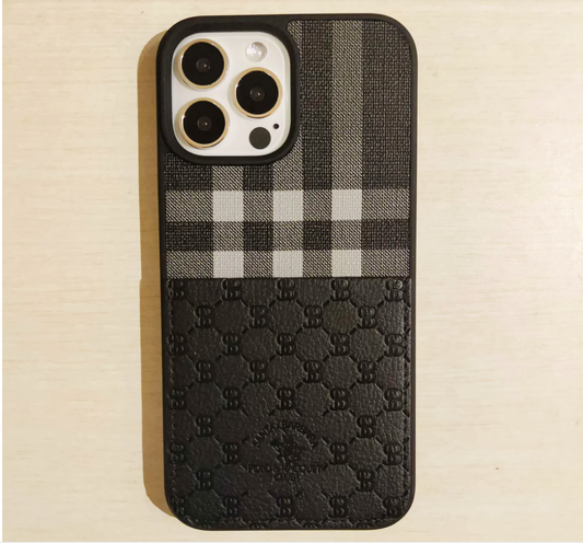 iPhone 13 Pro Classic Plaid Genuine Santa Barbara Leather Case (BLACK)