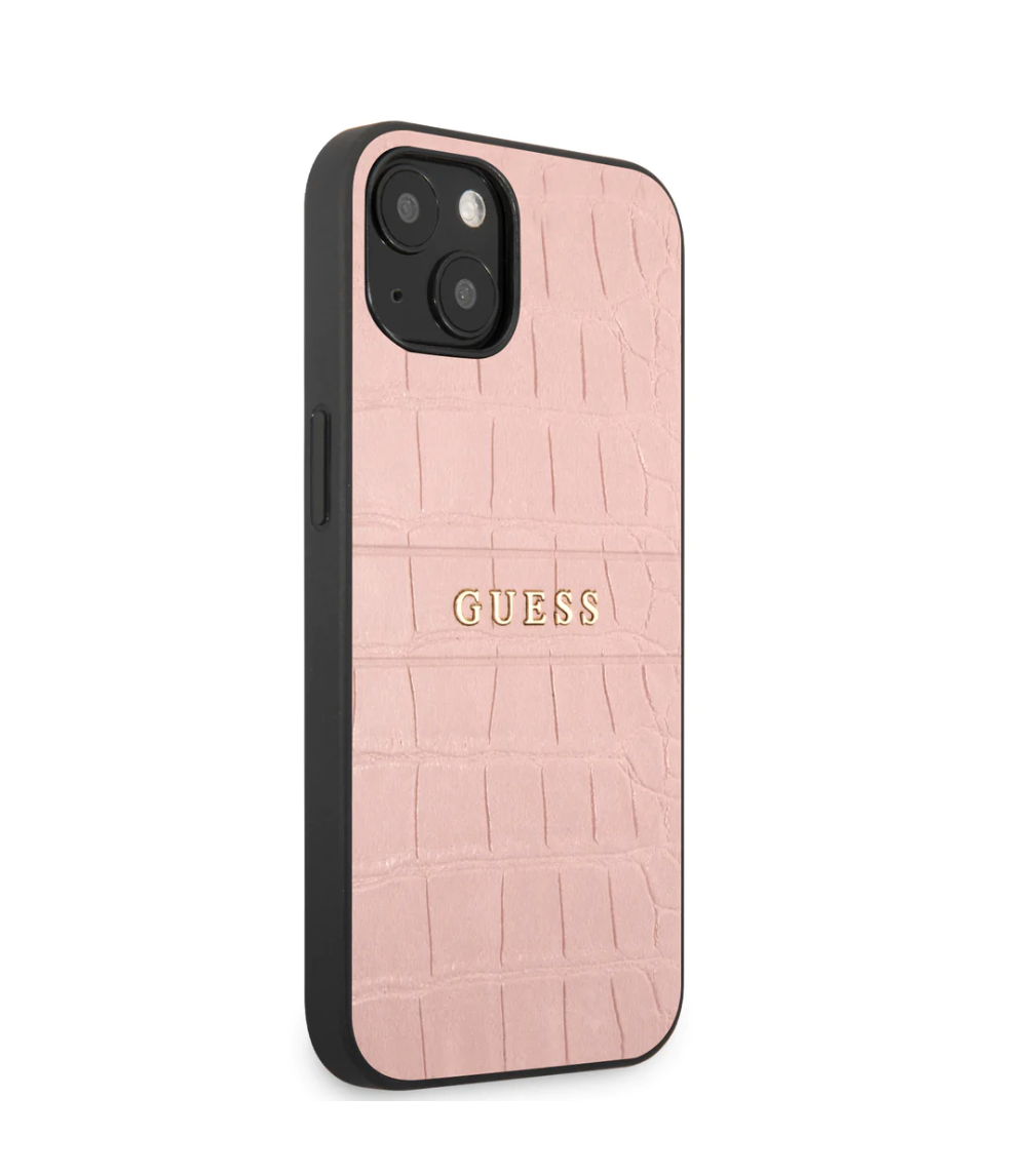 iPhone 13 LEATHER CASE PINK CROCO DESIGN HOT STAMPED LINES AND METAL LOGO - GUESS