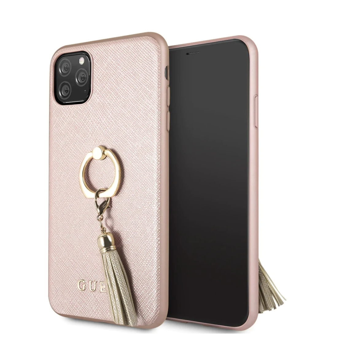 iPhone 13 Pro LEATHER CASE PINK SAFFIANO COLLECTION WITH RING STAND & TASSLE - GUESS