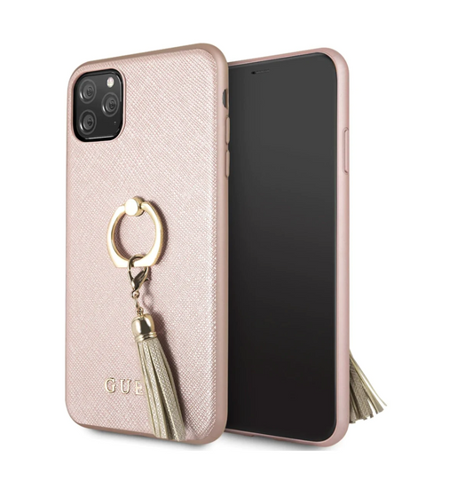 iPhone 13 LEATHER CASE PINK SAFFIANO COLLECTION WITH RING STAND & TASSLE - GUESS