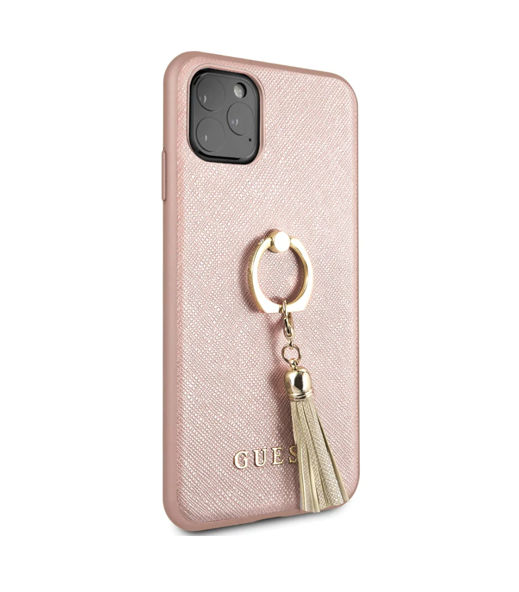 iPhone 13 LEATHER CASE PINK SAFFIANO COLLECTION WITH RING STAND & TASSLE - GUESS