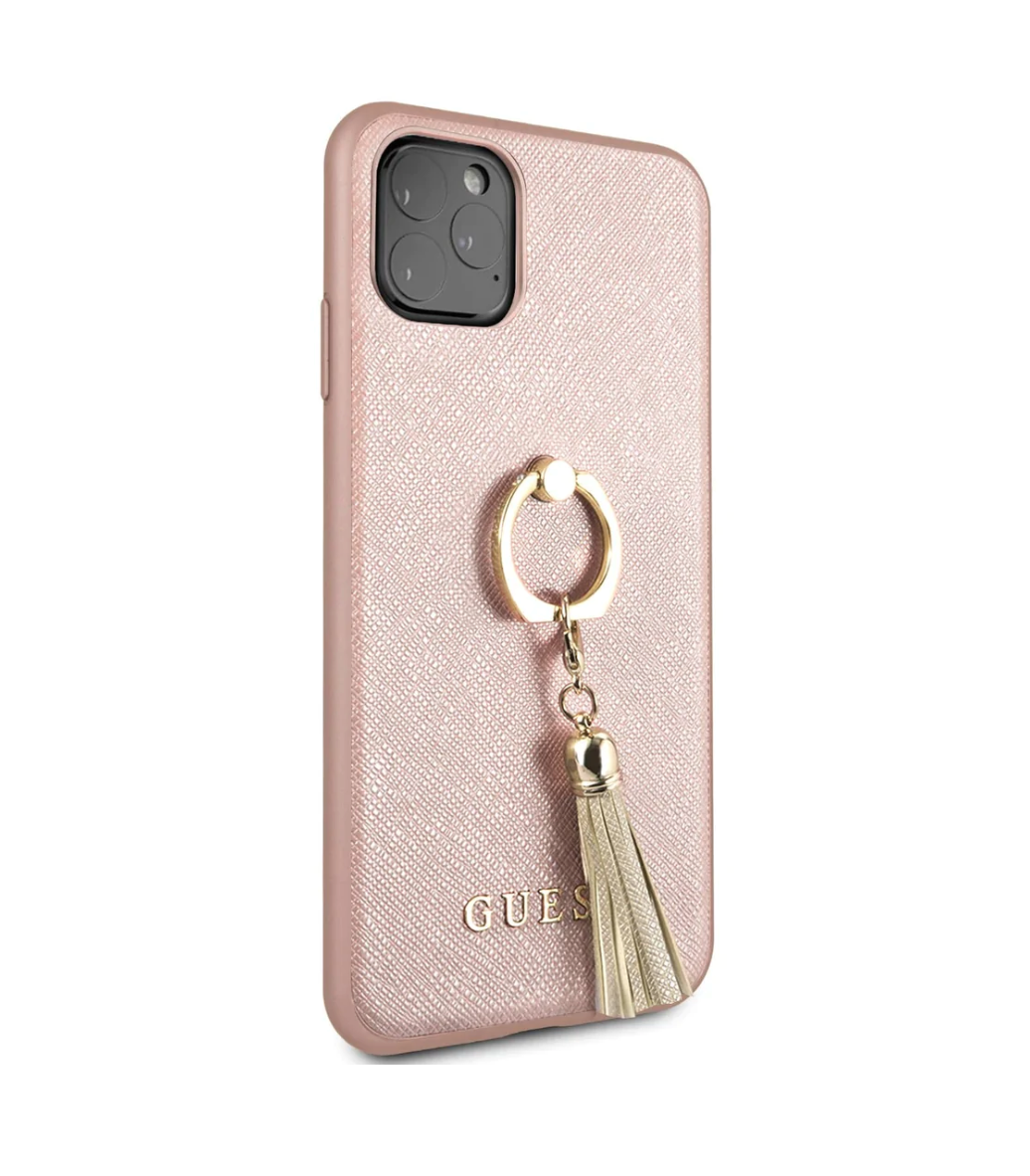 iPhone 13 Pro LEATHER CASE PINK SAFFIANO COLLECTION WITH RING STAND & TASSLE - GUESS