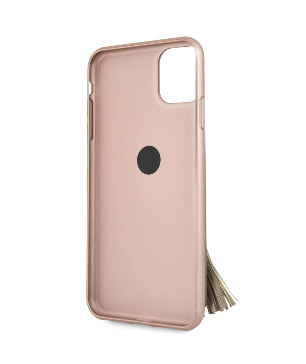 iPhone 13 Pro LEATHER CASE PINK SAFFIANO COLLECTION WITH RING STAND & TASSLE - GUESS