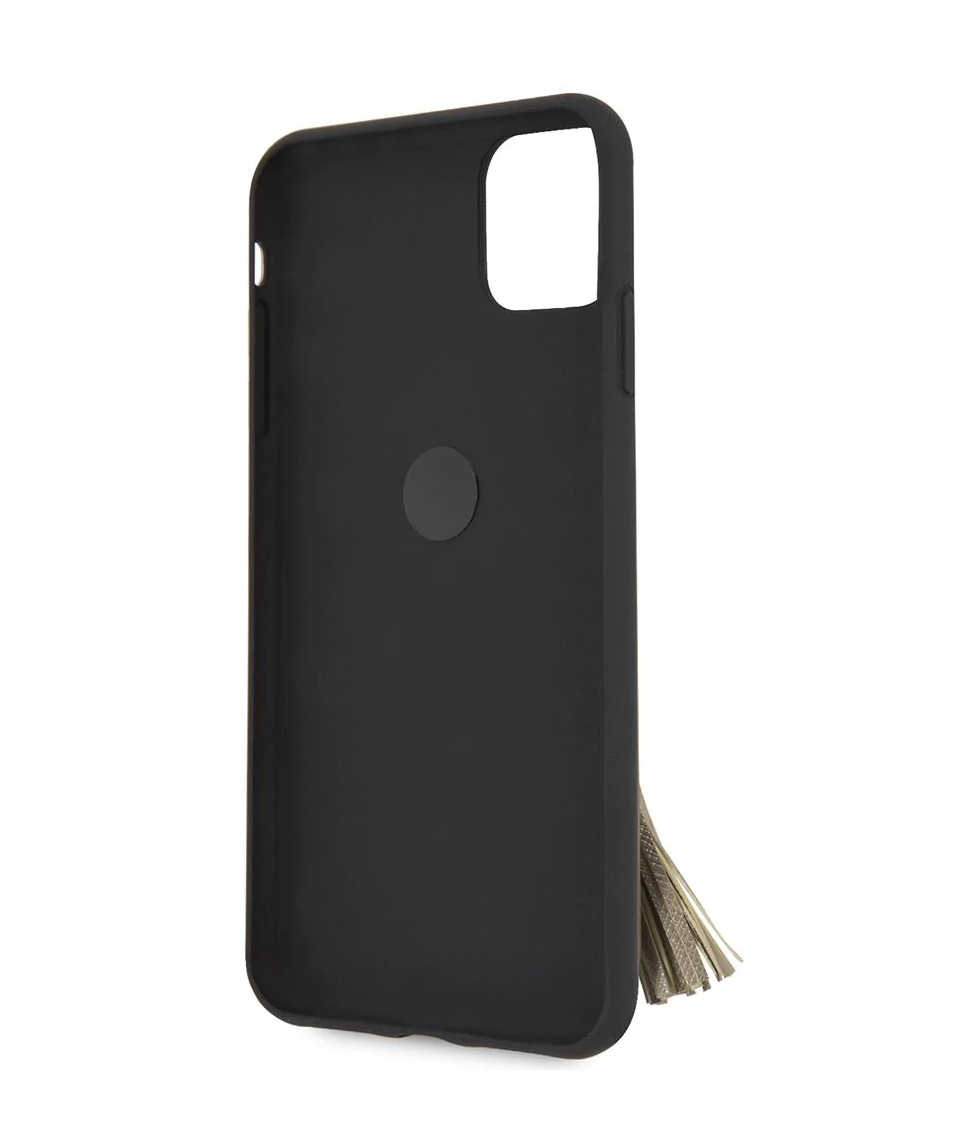 iPhone 13 Pro LEATHER CASE BLACK SAFFIANO COLLECTION WITH RING STAND & TASSLE - GUESS