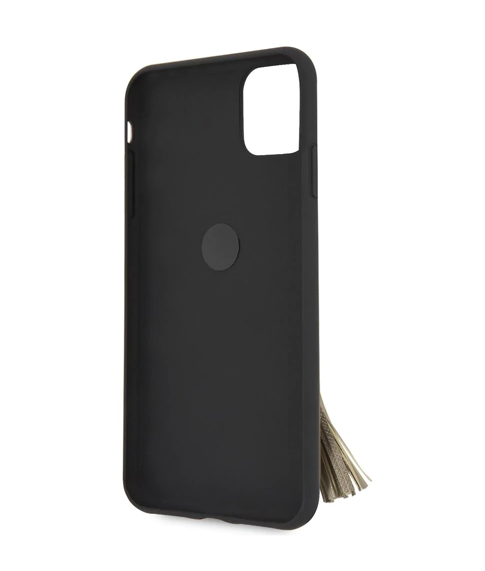 iPhone 13 LEATHER CASE BLACK SAFFIANO COLLECTION WITH RING STAND & TASSLE - GUESS