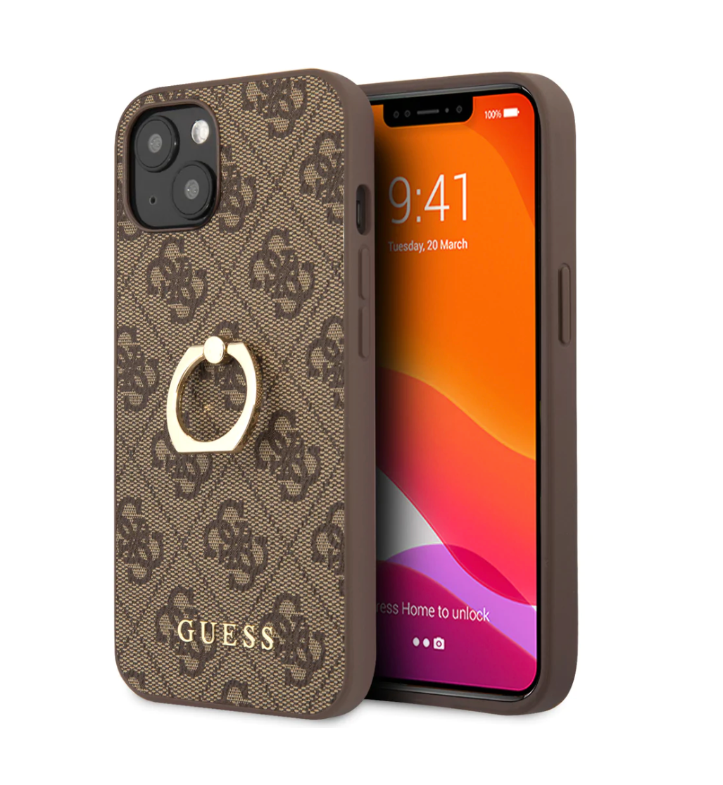 iPhone 13 - LEATHER CASE BROWN COLLECTION WITH RING STAND - GUESS