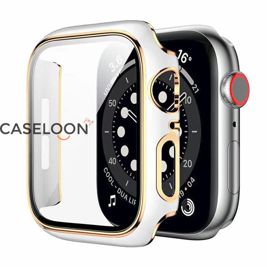 White 44 mm Watch Case Compatible for Apple Watch Series 4/5/6/SE 44mm Case with Screen Protector With Fine Golden Outline   (White)